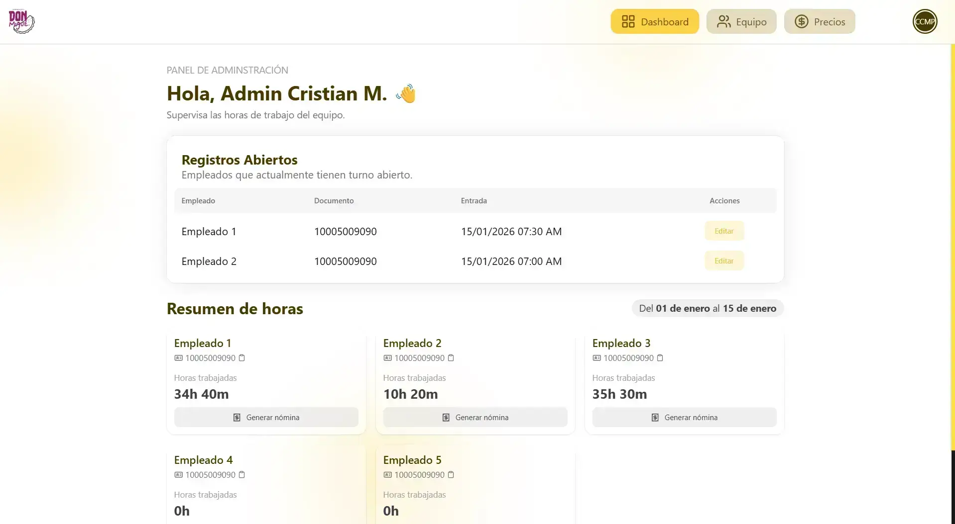 Sistema de Gestión de Entradas y Nómina - Don Migue Express